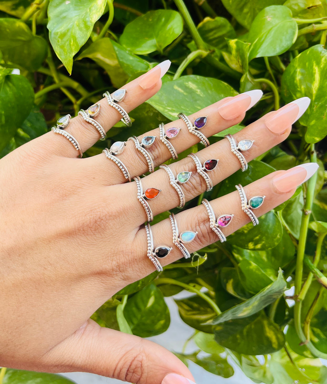 Faceted 925 Sterling Silver Teardrop Ring with Stacking Beaded Band