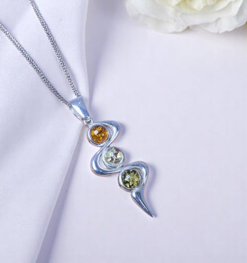 Multi Baltic Amber 925 Sterling Silver Wave Pendant – Modern Three-Stone Design
