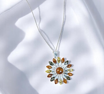 Multi Baltic Amber 925 Sterling Silver Sunburst Pendant