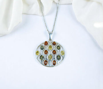 Multi Baltic Amber 925 Sterling Silver Round Pendant – Mixed Amber Tones