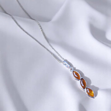 Baltic Amber 925 Sterling Silver Marquise Trio Pendant Necklace