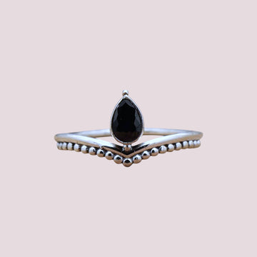 Faceted 925 Sterling Silver Teardrop Ring with Stacking Beaded Band