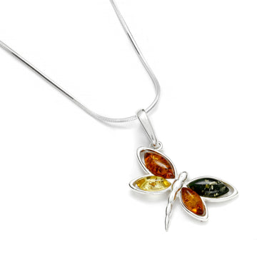 Multi Baltic Amber 925 Sterling Silver Colorful Butterfly Pendant