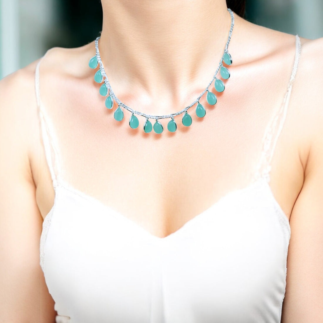 925 Sterling Silver Natural Gemstone Delicate Multi-Teardrop Necklace