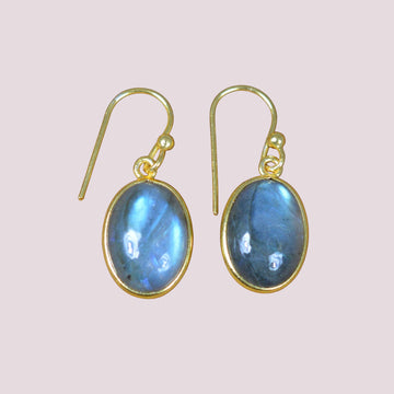 Labradorite 925 Sterling Silver 18 Carat Gold Overlay Gemstone Hook Earring ~ Bezel Setting Earring