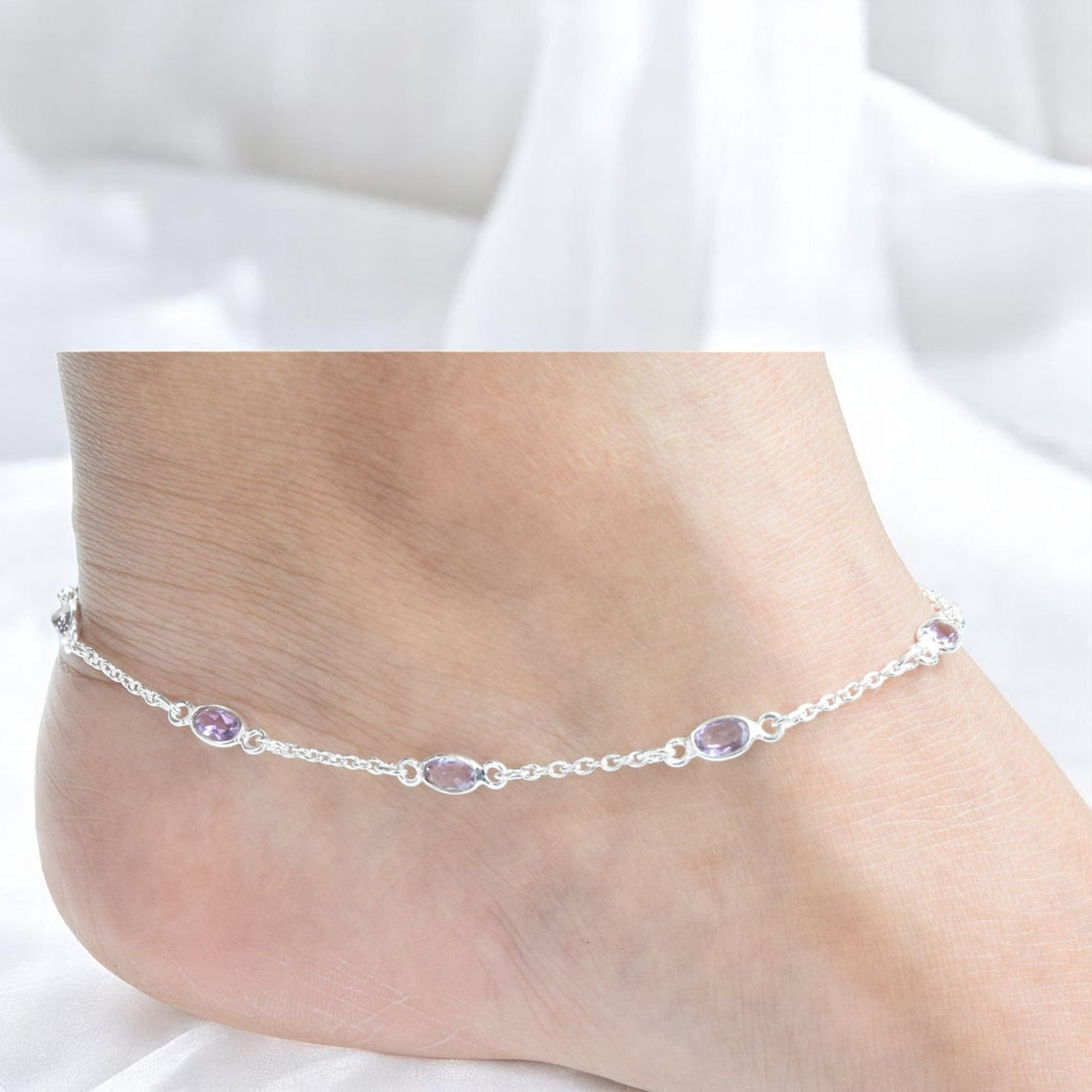 925 Sterling Silver Natural Faceted Gemstone Adjustable Anklet