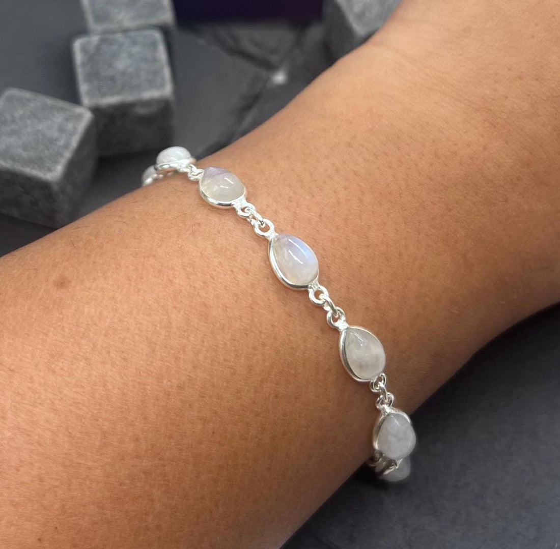 Rainbow Moonstone 925 Sterling Silver Natural Gemstone Bracelet