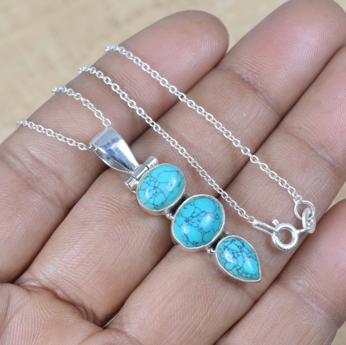 925 Sterling Silver Natural Gemstone 3 Stone Chain Pendant