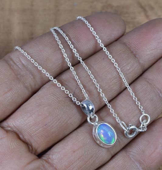 Natural Ethiopian Opal 925 Sterling Silver Oval Gemstone Chain Pendant w/ or w/o chain ~ October Month Birthstone ~ Gift For Christmas