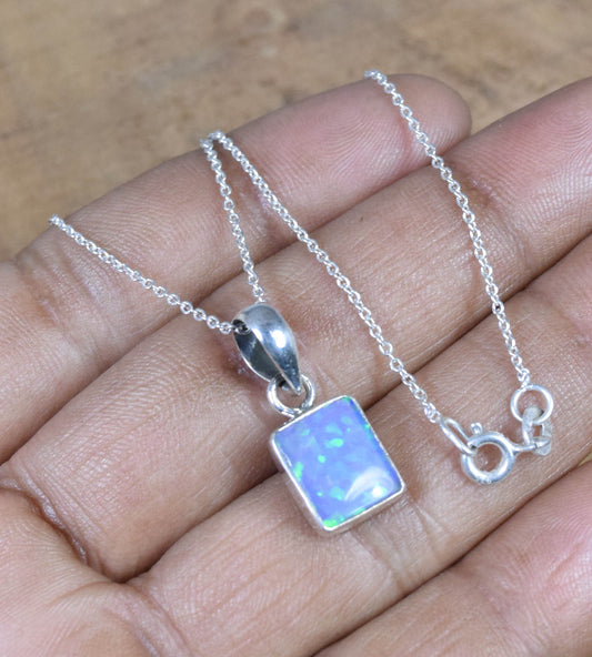 Lab Ethiopian Opal 925 Sterling Silver Gemstone Pendant w/ or w/o Chain ~ Rectangle Opal Pendant ~ Handmade Jewelry ~ Gift For Christmas
