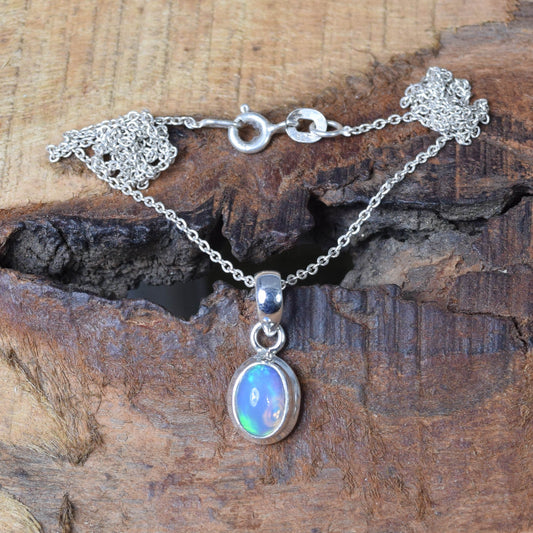 Natural Ethiopian Opal 925 Sterling Silver Oval Gemstone Chain Pendant w/ or w/o chain ~ October Month Birthstone ~ Gift For Christmas