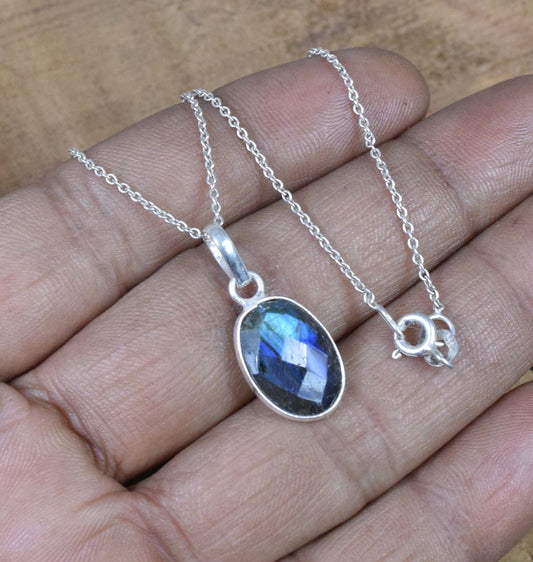 Cut Labradorite 925 Sterling Silver Oval Gemstone Jewelry Chain Pendant w/ or w/o chain ~ Natural Labradorite Necklace ~Gift For Anniversary