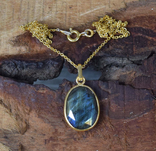 Labradorite/ Black Moonstone 925 Sterling Silver 18 Carat Gold Overlay Gemstone Pendant w/ or w/o chain ~ March Birthstone ~ Gift For Her