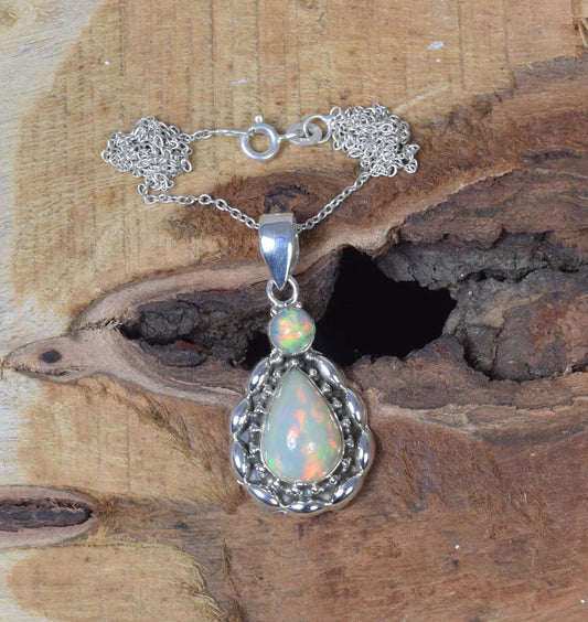 Ethiopian Opal 925 Sterling Silver Gemstone Chain Pendant w/ or w/o chain ~ October Birthstone ~ Gift For Anniversary ~ 2 Stone Pendant