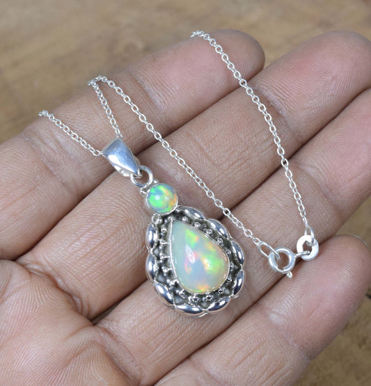 Ethiopian Opal 925 Sterling Silver Gemstone Chain Pendant w/ or w/o chain ~ October Birthstone ~ Gift For Anniversary ~ 2 Stone Pendant