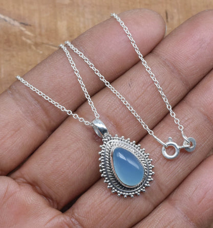 Blue Chalcedony 925 Sterling Silver Chain Pendant