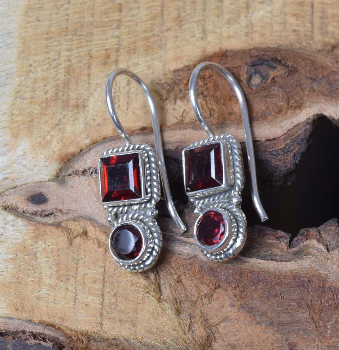 Karma Cut Red Garnet Hook 925 Sterling Silver Earring