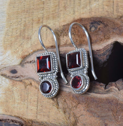 Karma Cut Red Garnet Hook 925 Sterling Silver Earring