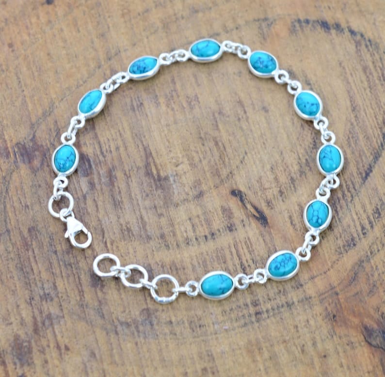 Blue Turquoise 925 Sterling Silver Bezel Bracelet