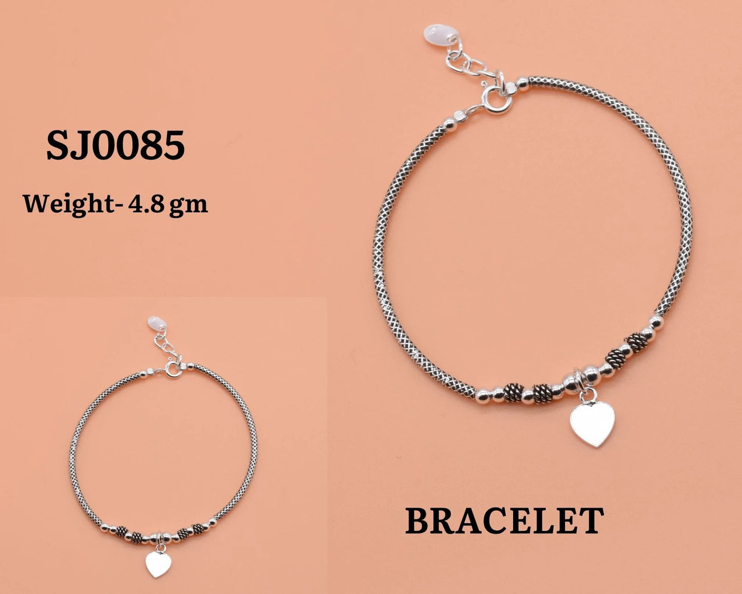 Plain Heart Charm Bracelet 925 Sterling Silver Adjustable Bracelet