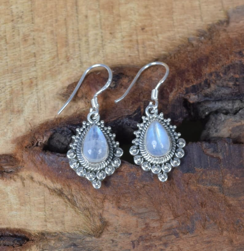 White Rainbow Moonstone Hook 925 Sterling Silver Earring