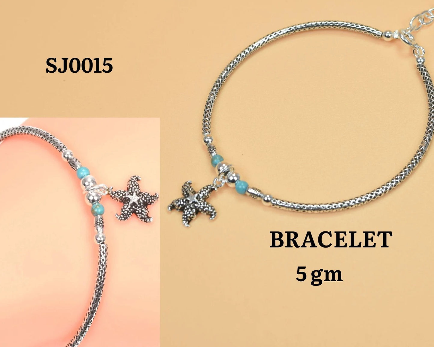 Blue Turquoise 925 Sterling Silver Adjustable Plain Star Bracelet