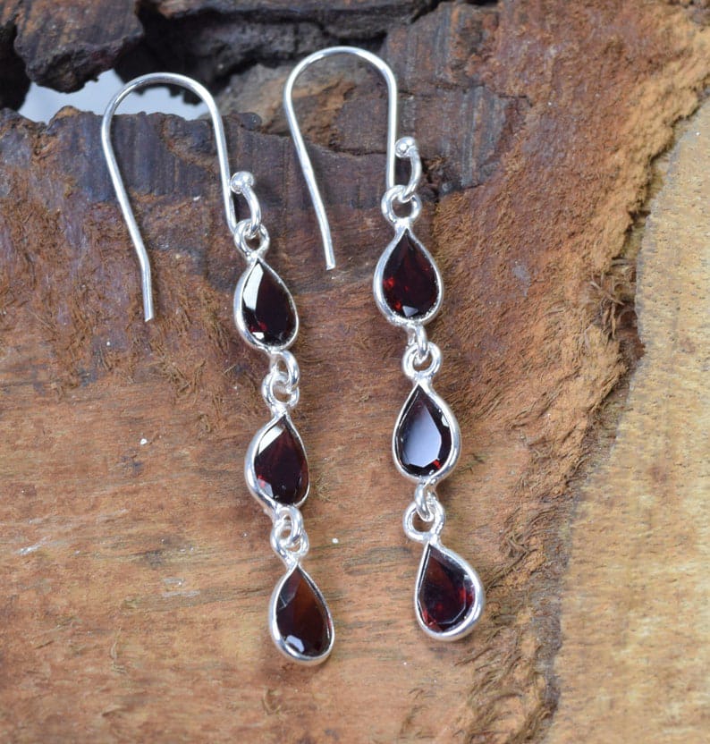 Cut Red Garnet Hook 925 Sterling Silver Earring