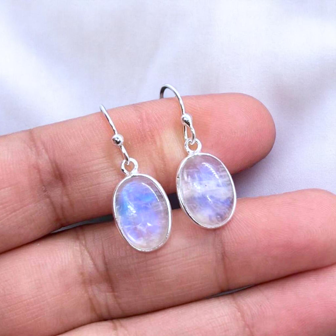 925 Sterling Silver Natural Gemstone Oval Shape Hook Earring