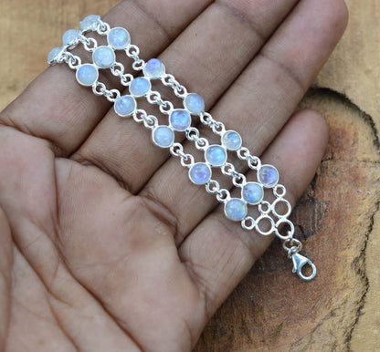 Rainbow Moonstone 925 Sterling Silver Bezel Bracelet