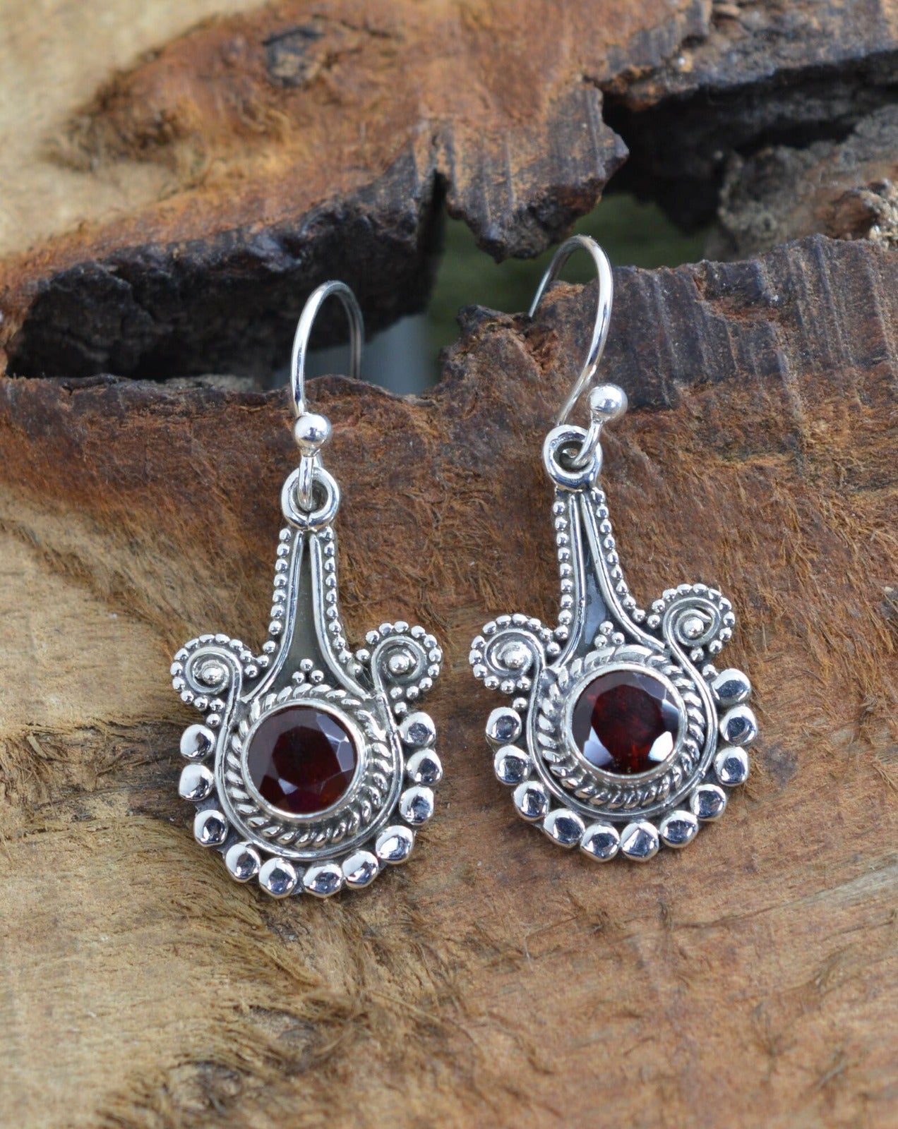 Red Garnet Hook 925 Sterling Silver Earring