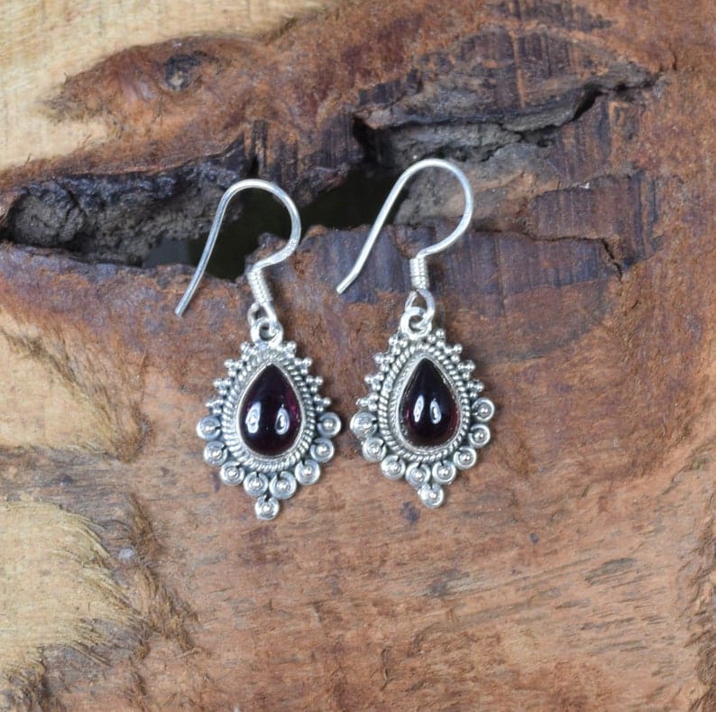 Red Garnet Hook 925 Sterling Silver Earring