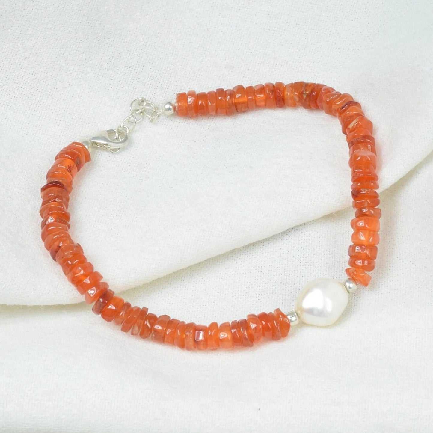 Rough Red Carnelian 925 Sterling Silver Pearl Gemstone Beaded Bracelet