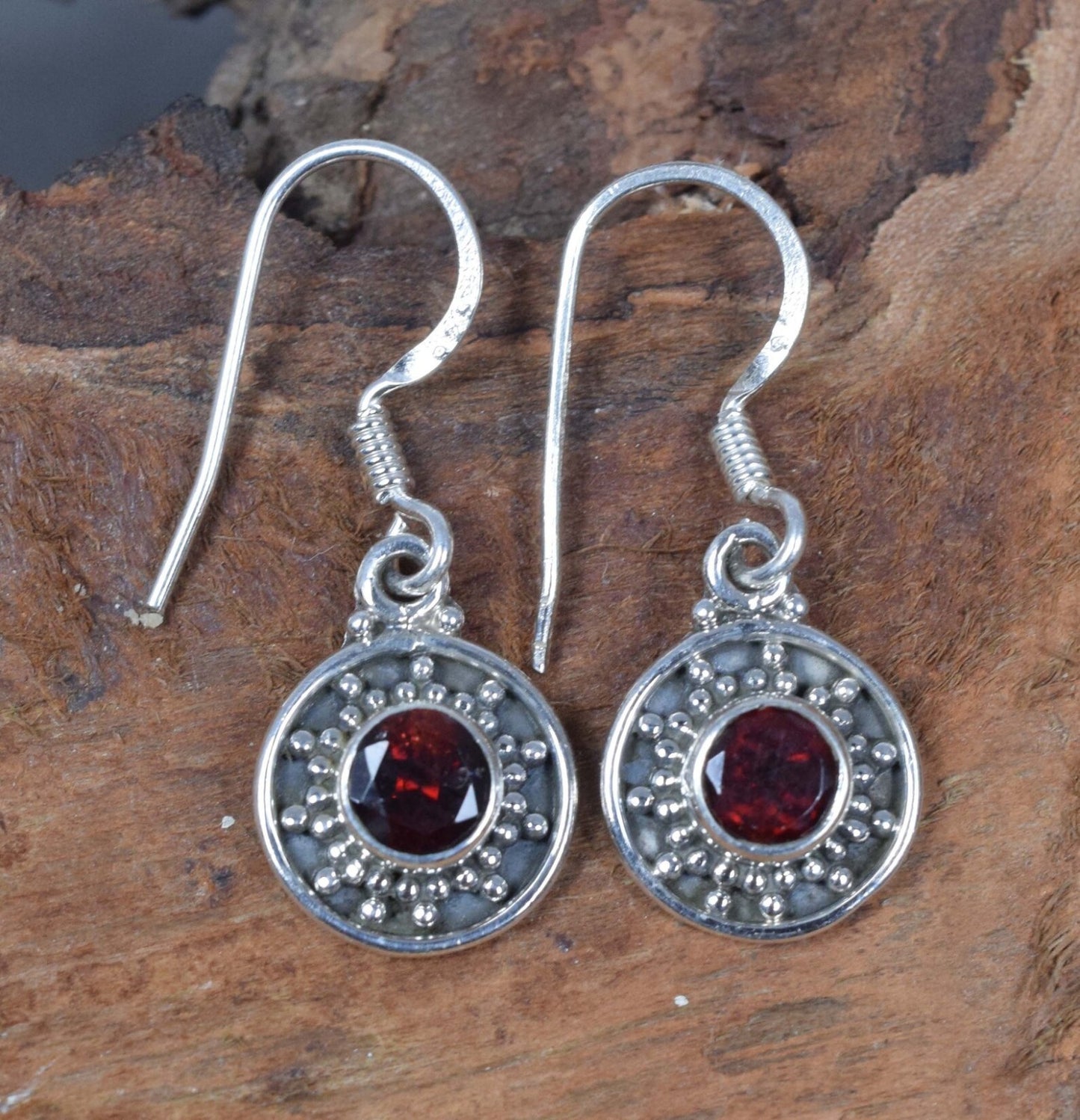 Cut Red Garnet Hook 925 Sterling Silver Earring