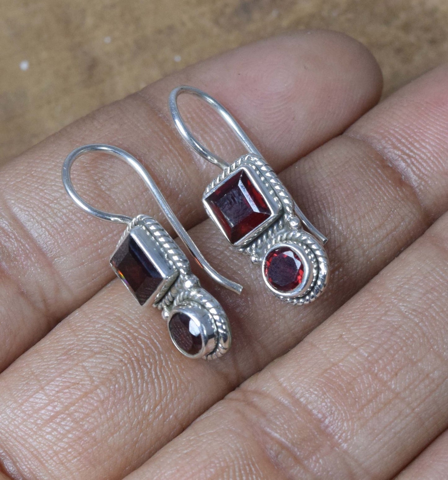 Karma Cut Red Garnet Hook 925 Sterling Silver Earring