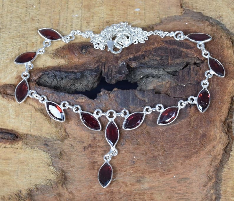 Cut Red Garnet 925 Sterling Silver Necklace