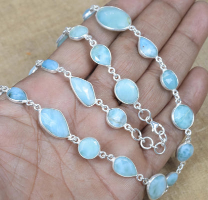 Cut Blue Larimar 925 Sterling Silver Necklace