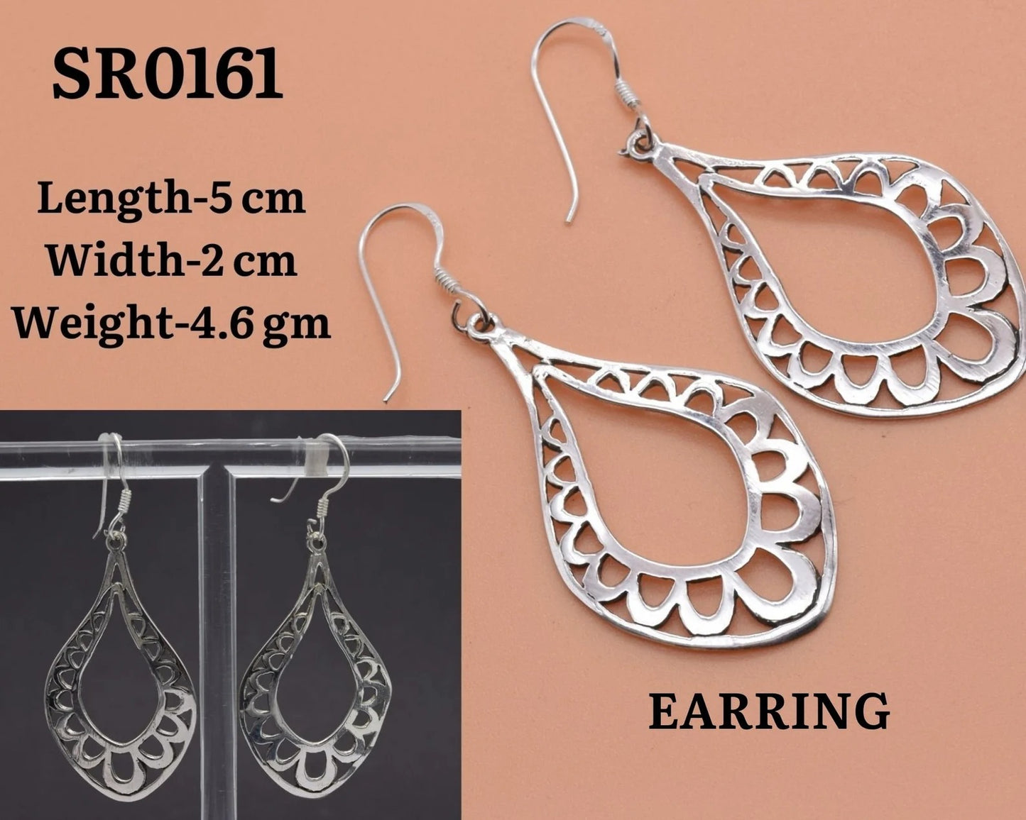 Silver Plain Teardrop Filigree Dangle 925 Sterling Silver Earring