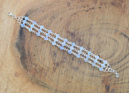 Rainbow Moonstone 925 Sterling Silver Bezel Bracelet