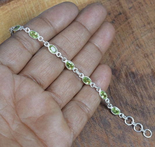 Green Peridot 925 Sterling Silver Bezel Bracelet