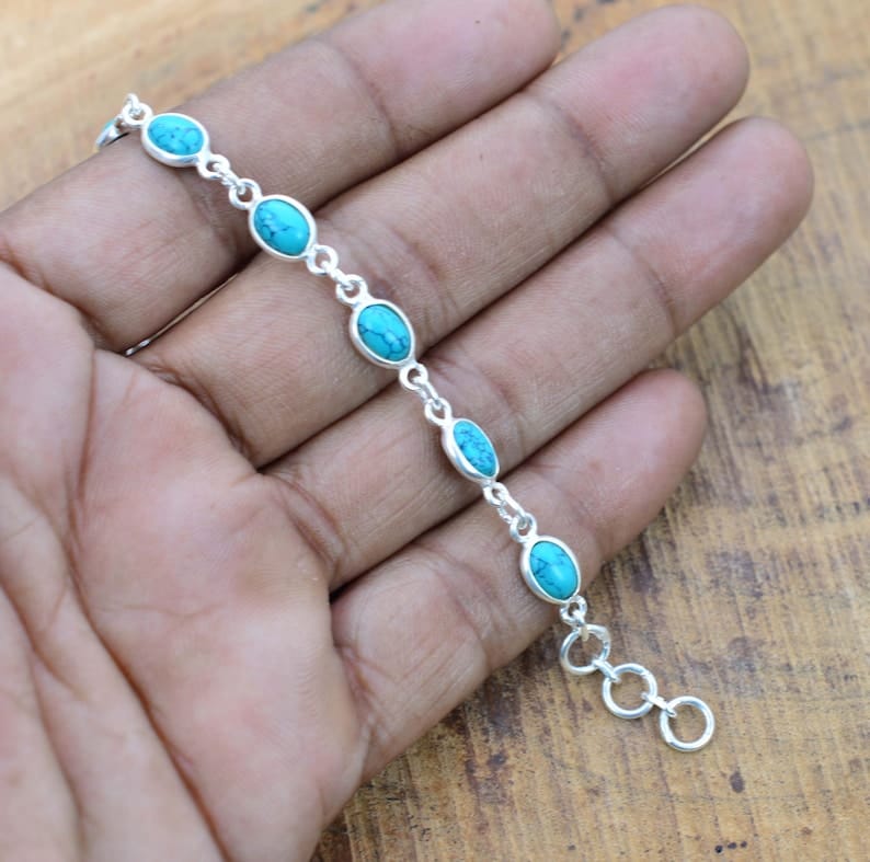 Blue Turquoise 925 Sterling Silver Bezel Bracelet