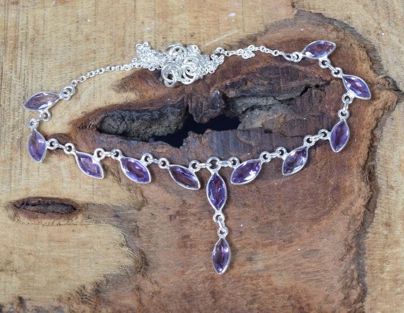 Cut Purple Amethyst 925 Sterling Silver Necklace