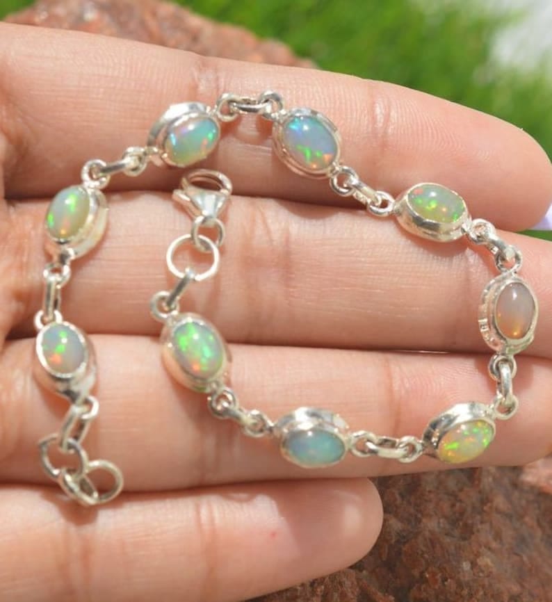 Natural Ethiopian Opal 925 Sterling Silver Gemstone Bracelet
