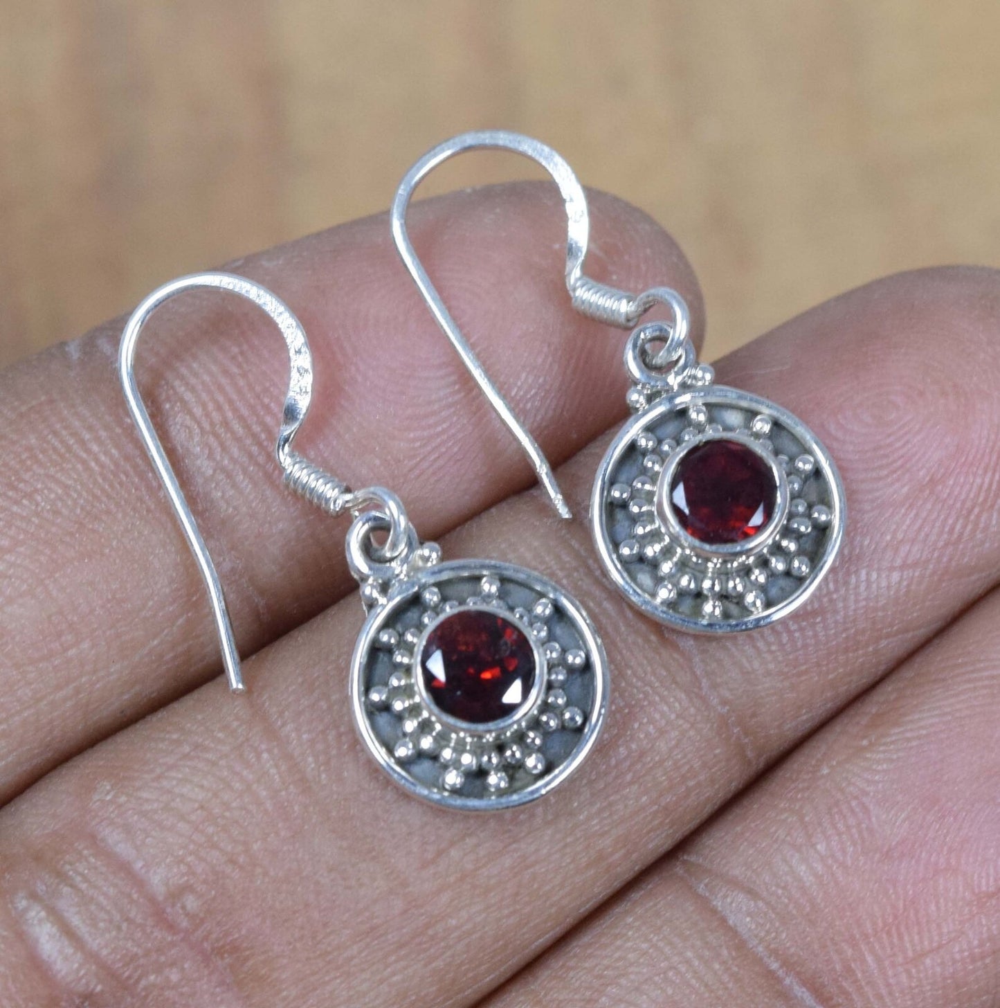 Cut Red Garnet Hook 925 Sterling Silver Earring