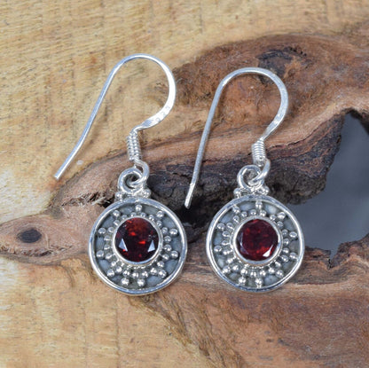 Cut Red Garnet Hook 925 Sterling Silver Earring