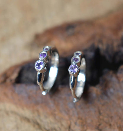 Cut Purple Amethyst 925 Sterling Silver Hoop Earring