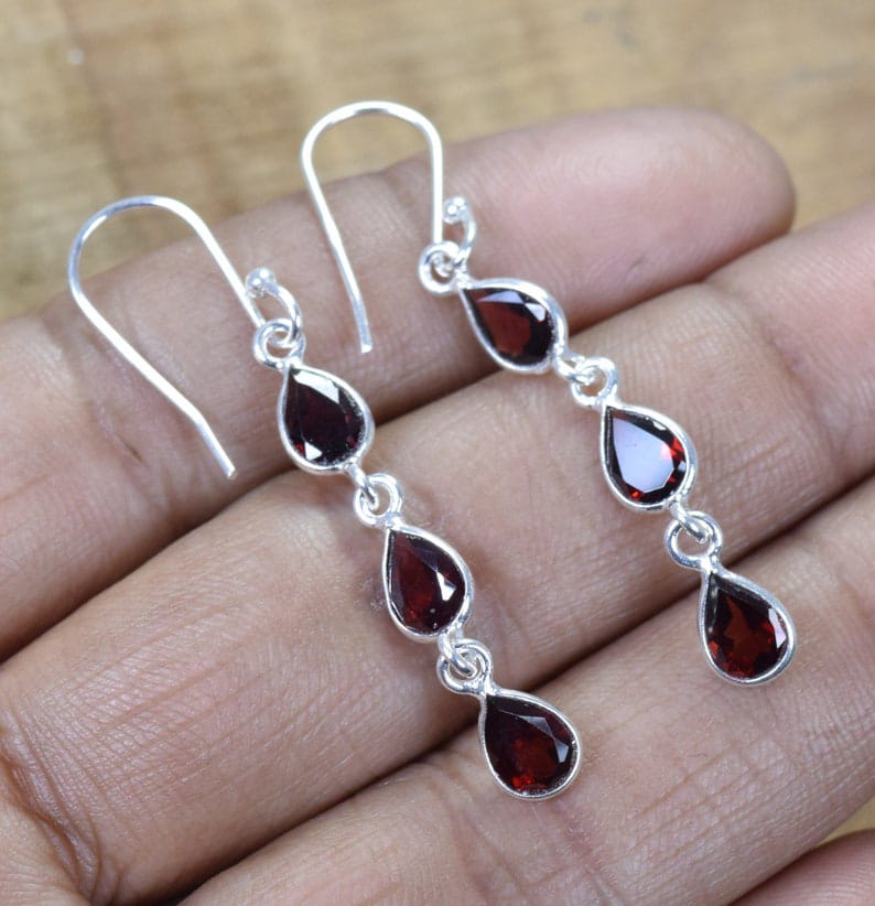 Cut Red Garnet Hook 925 Sterling Silver Earring