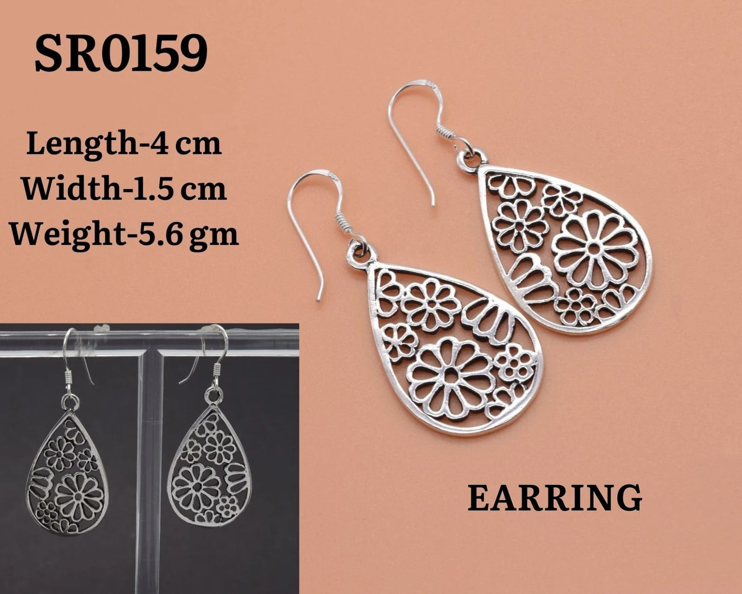 Silver Plain Teardrop Filigree Dangle 925 Sterling Silver Earring