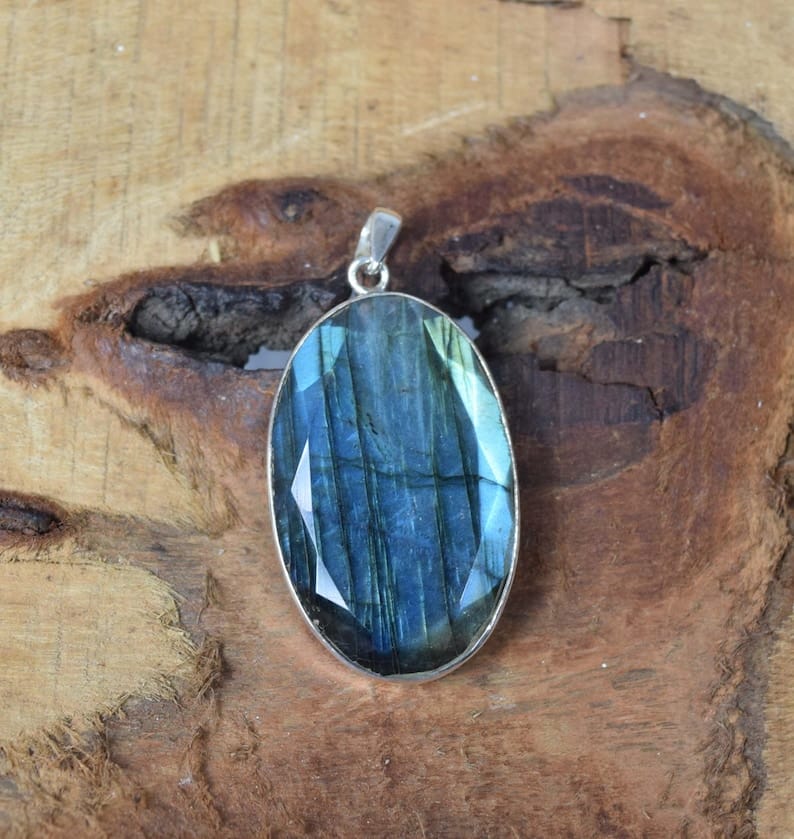 Faceted Labradorite 925 Sterling Silver Natural Gemstone Pendant