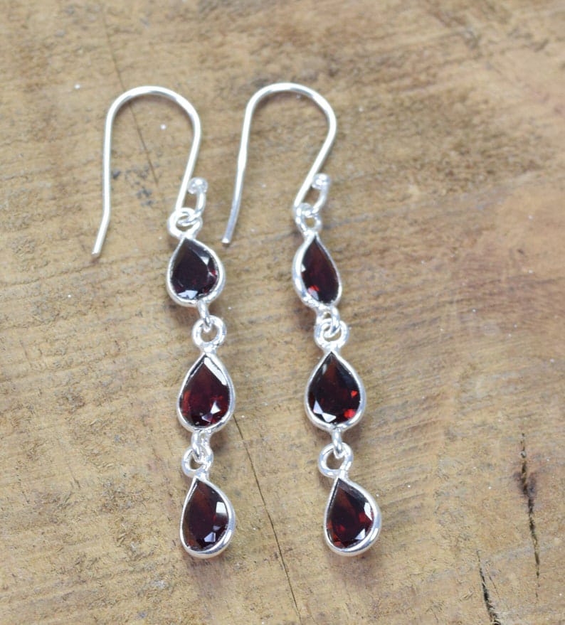 Cut Red Garnet Hook 925 Sterling Silver Earring