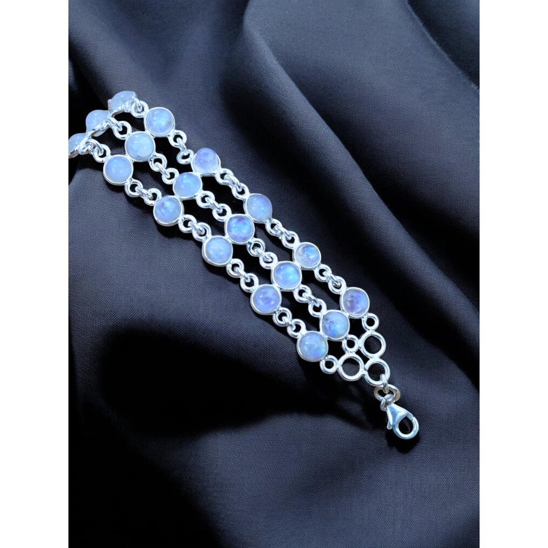 925 Sterling Silver 3 Line Natural Gemstone Adjustable Bracelet